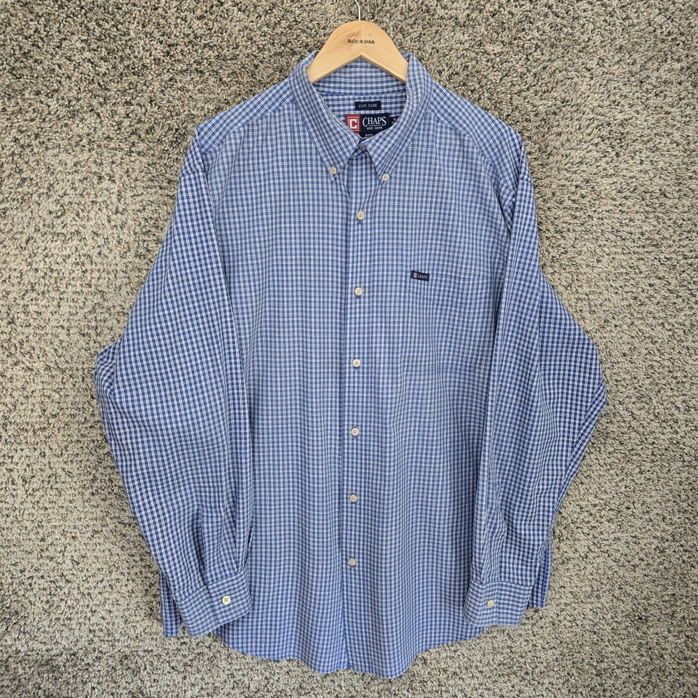 Chaps Shirt Mens XL Blue Plaid Button Down Long Sleeve Easy Care Cotton Blend